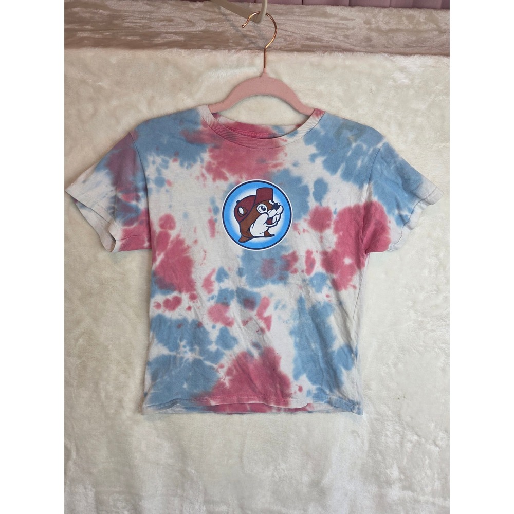 Buc-ee's Youth Medium Tie Dye T-Shirt Red White Blue Let's Get It Poppin Beaver